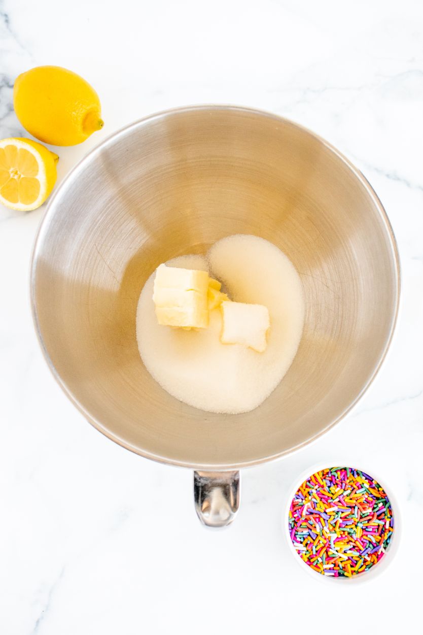 Butter and sugar in the bowl attachment for a stand mixer