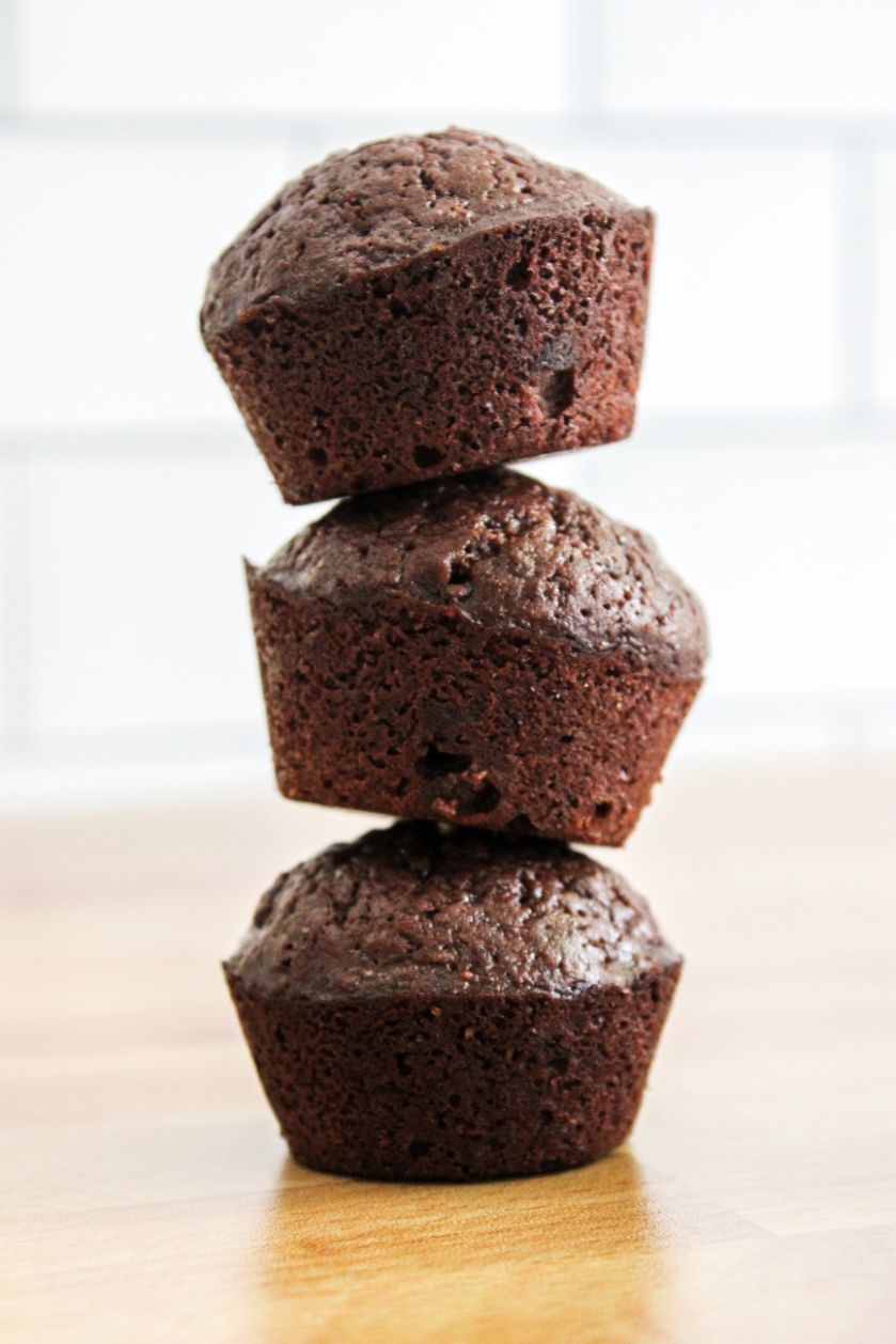 up close shot of a stack of 3 chocolate muffins