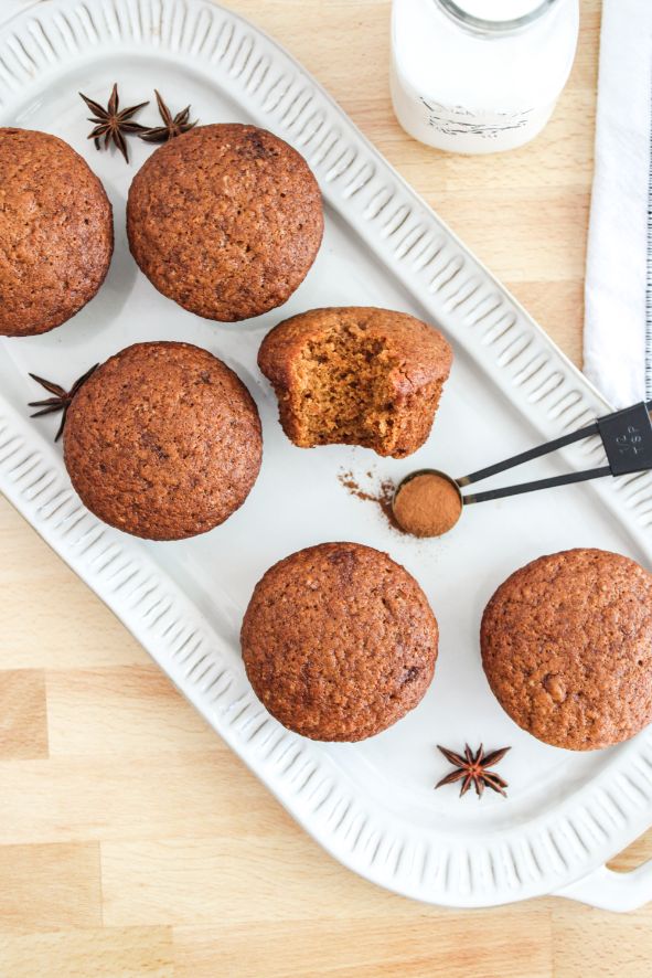 Six muffins on a white serving platter with a teaspoon of spices and some star anise decorating