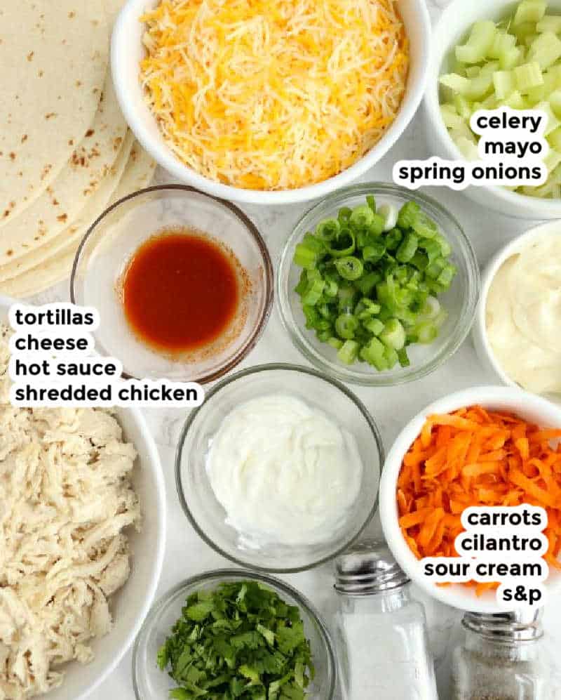 Labelled ingredient shot of everything needed to make a cheesy chicken wrap