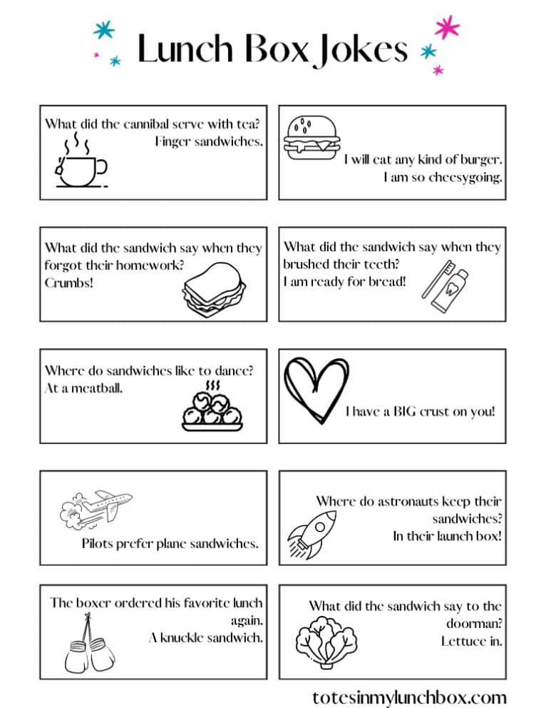 PDF printable of lunchbox notes with cute pictures
