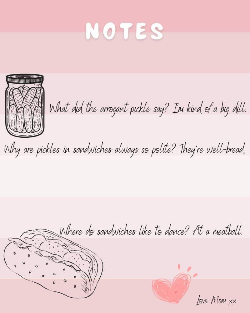Pink notepad with jokes written on it along with hand drawn pictures of pickles and a meatball sub