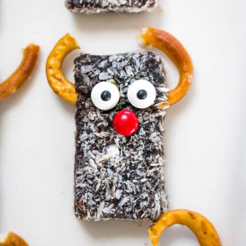 Reindeer lamington snack with pretzels